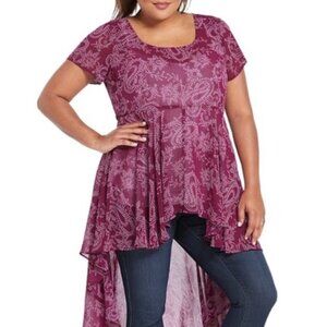 Torrid Paisley Print Chiffon Extreme Hi-Lo Top Purple Boho Tunic